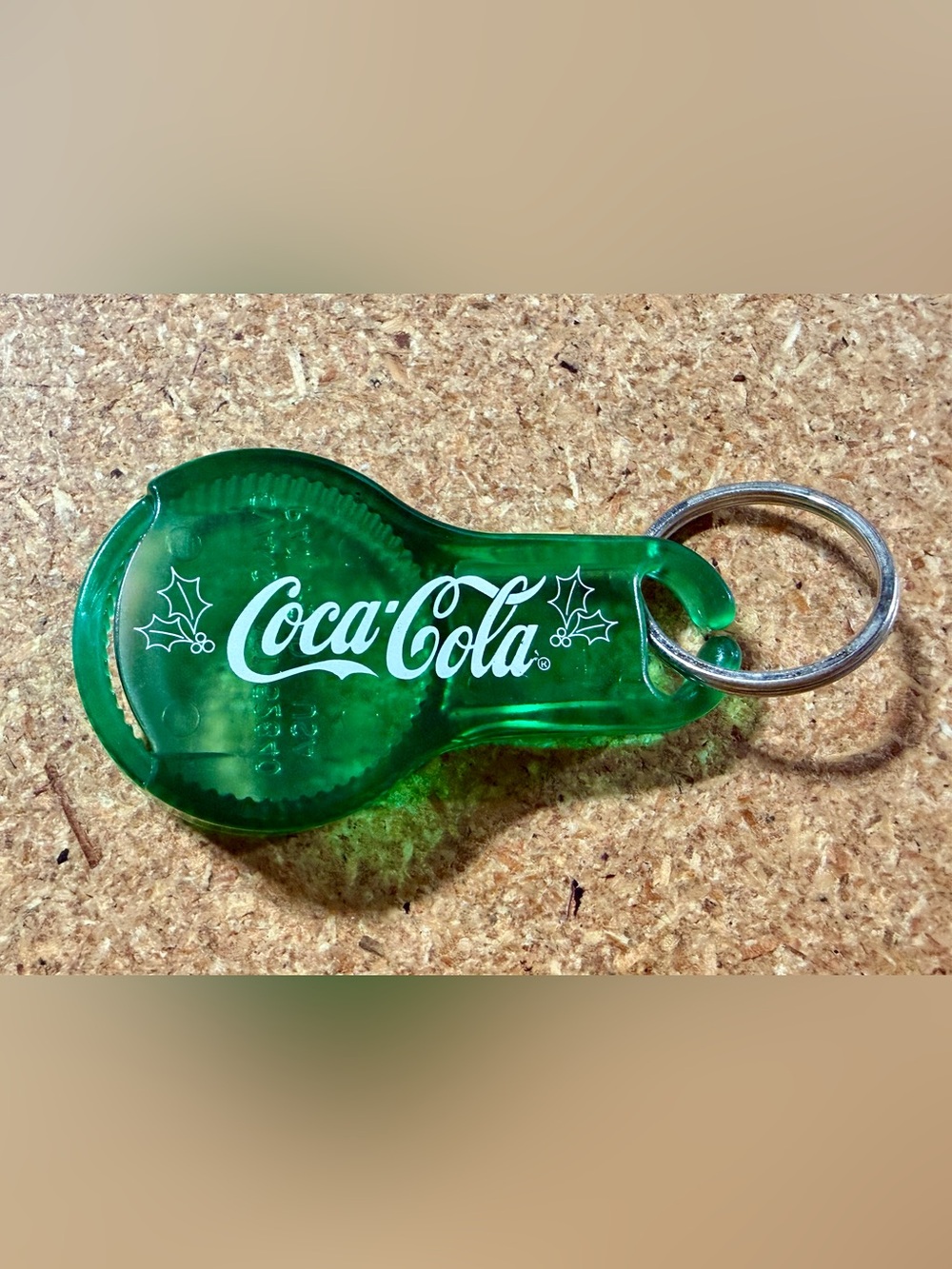 Vintage Coca-Cola Holiday Green Bottle Cap Gripper Opener Keychain Plastic